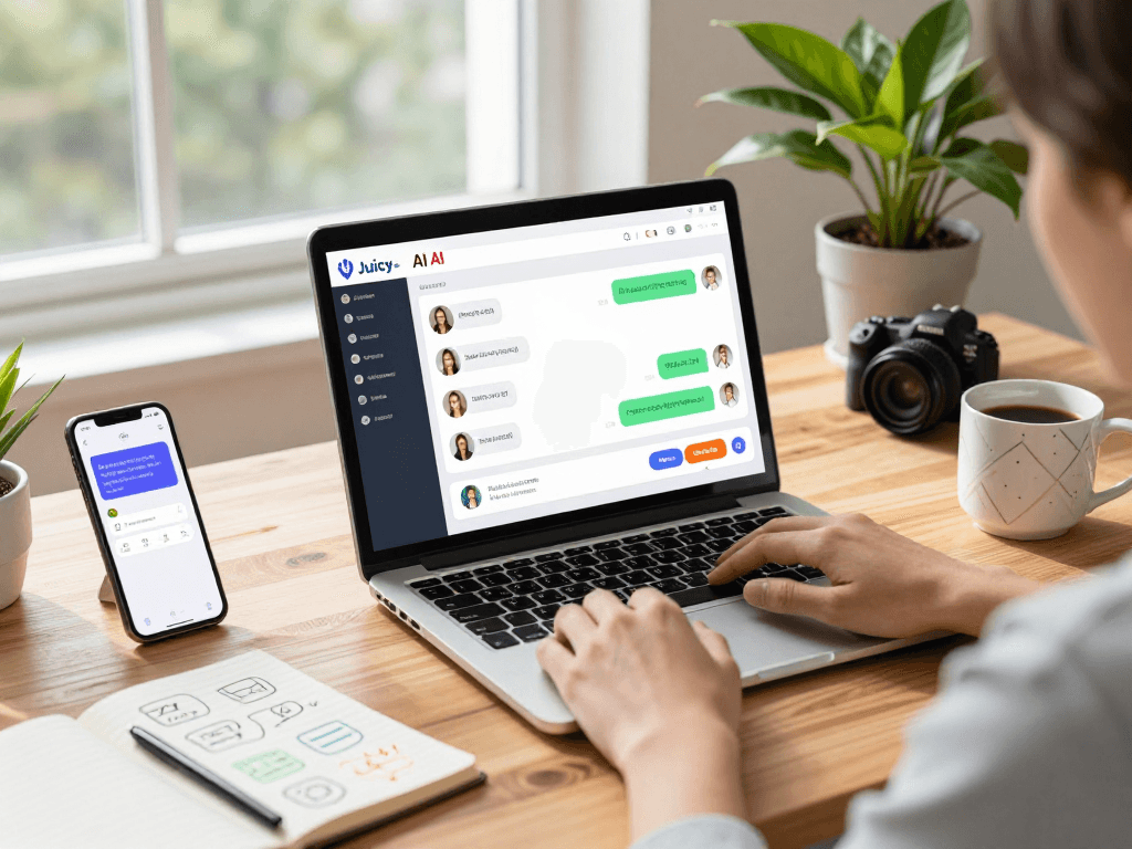 Engaging scene of Juicy AI in action on a laptop in a vibrant home office.