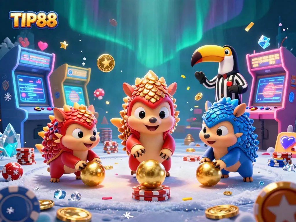 Engage in gaming excitement with TIP88 as pangolins roll through poker chips in a vibrant casino.