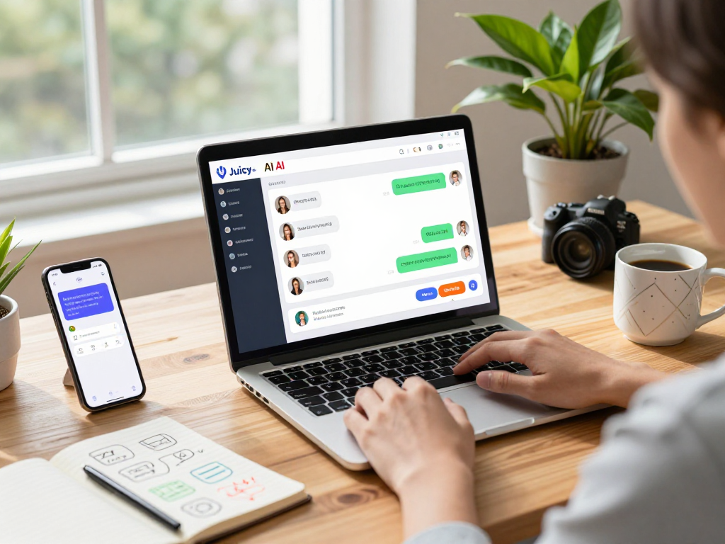Engaging scene of Juicy AI in action on a laptop in a vibrant home office.
