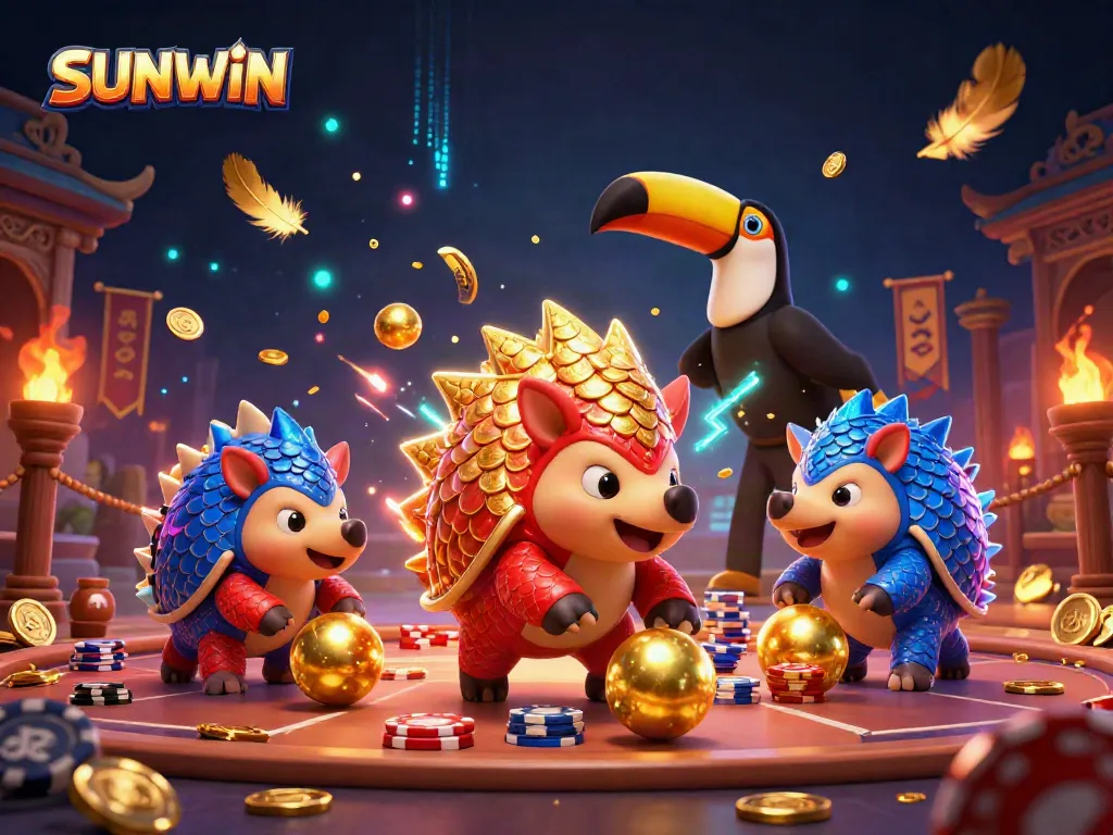 Watch SUNWIN pangolins roll into golden balls, bowling through poker chips in a dynamic casino setting.