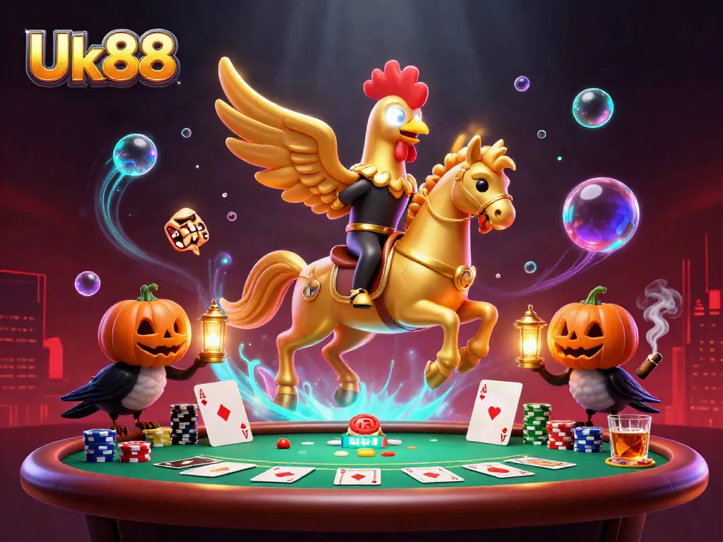 Experience the thrill of Uk88 with a golden rooster and spectral horse in a vibrant casino scene.
