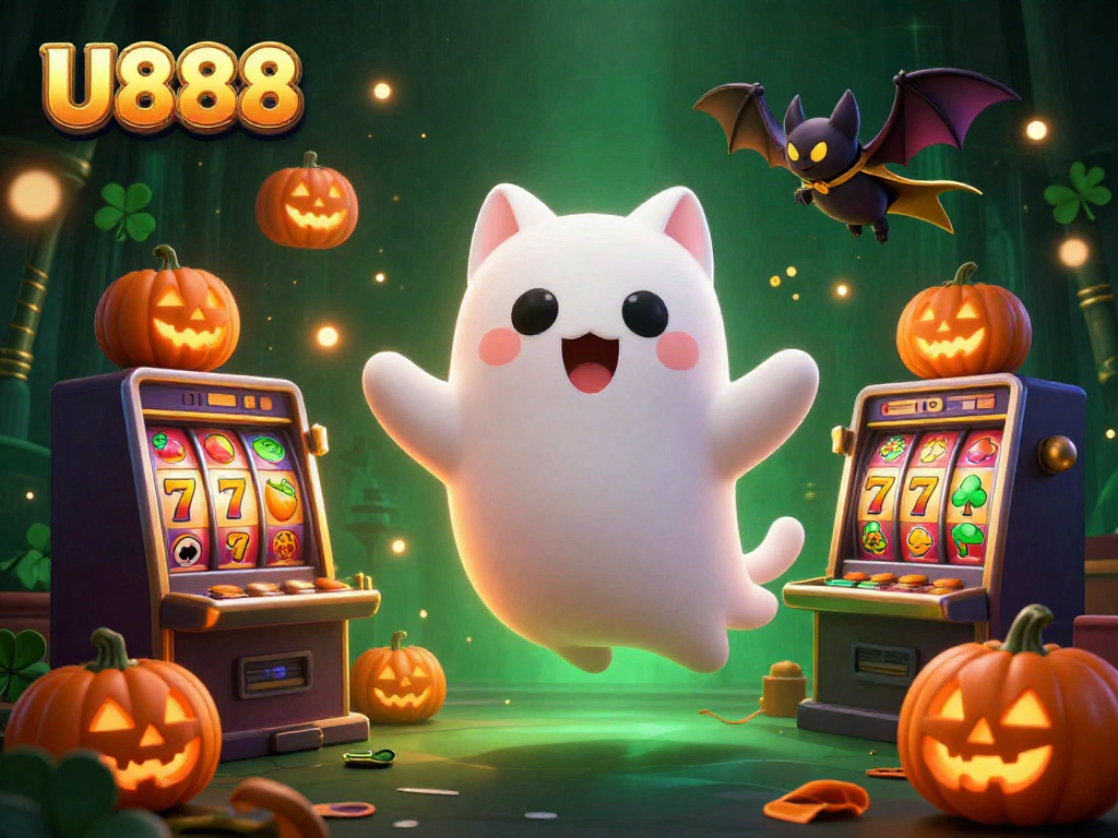 Experience thrilling gameplay with U888's vibrant casino scene featuring spooky characters and exciting slot elements.