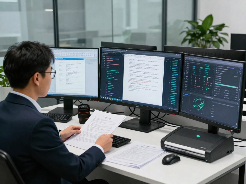 Forensic analyst engaged in document fraud detection analysis using advanced tools and visual data in a modern workspace.