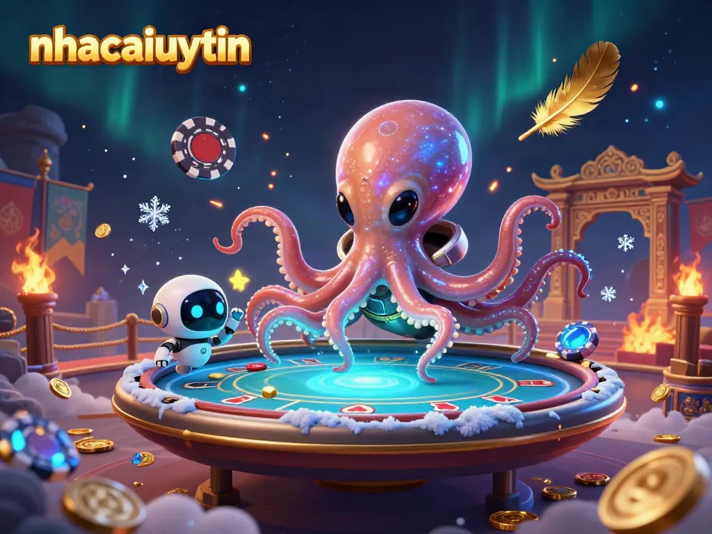 Join the excitement at nhacaiuytin with an alien octopus gaming at a holographic poker table.