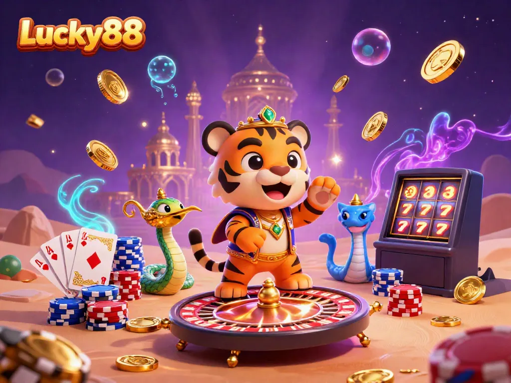 Experience the thrill of Lucky88 with a vibrant casino-themed 3D scene of a tiger sultan on a magical carpet.