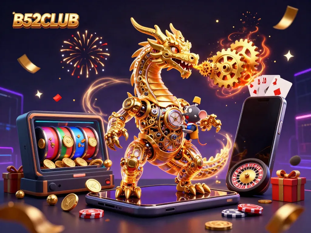 B52CLUB showcases a golden dragon and mouse engineer in a vibrant casino scene with slot games and confetti