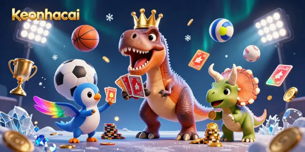 Watch the playful T-Rex and friends strategize in a vibrant keonhacai casino scene.