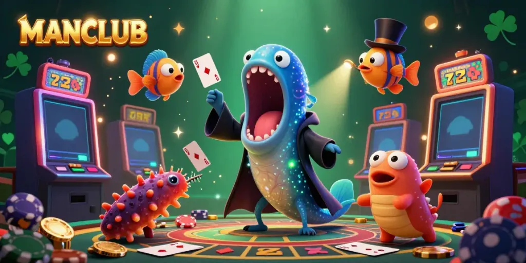 Engage with the vibrant casino scene featuring MANCLUB, a bioluminescent eel magician amidst slot machines and poker chips, creating excitement.