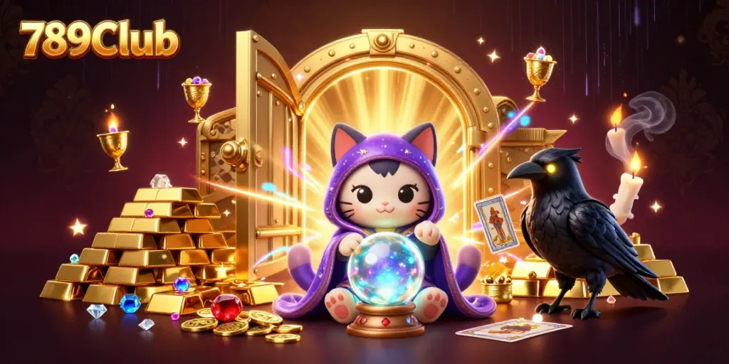 Experience thrilling gaming at 789Club with a mystical cat, tarot raven, and golden treasures.