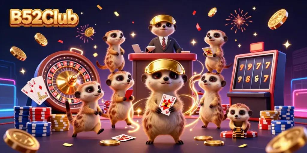 B52Club's meerkat casino scene showcases energetic gameplay with gold coins and vibrant action.
