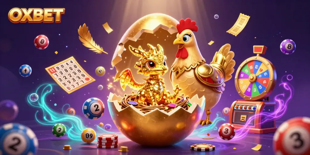 Play exciting games at OXBET with vibrant lottery balls and winning prizes in a fun animated scene.