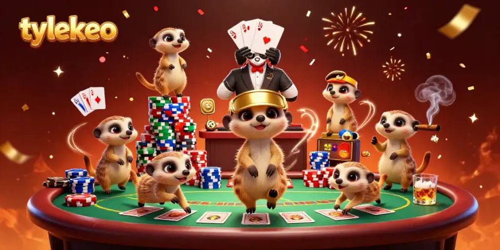 Experience the exciting world of tylekeo with a vibrant casino scene featuring playful meerkats managing games and chips.
