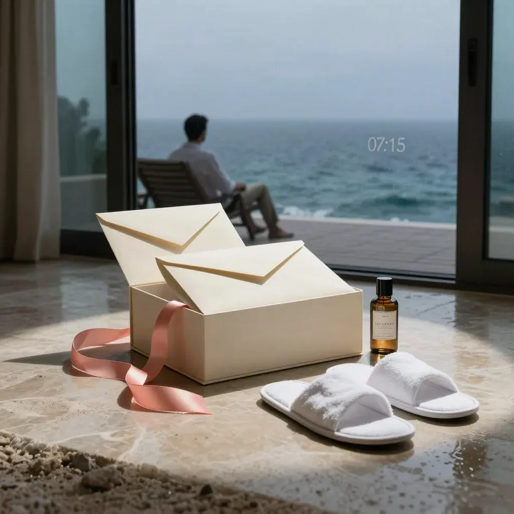 Cofanetto regalo aperto in suite sul mare, con spa, pantofole e foschia all’alba.