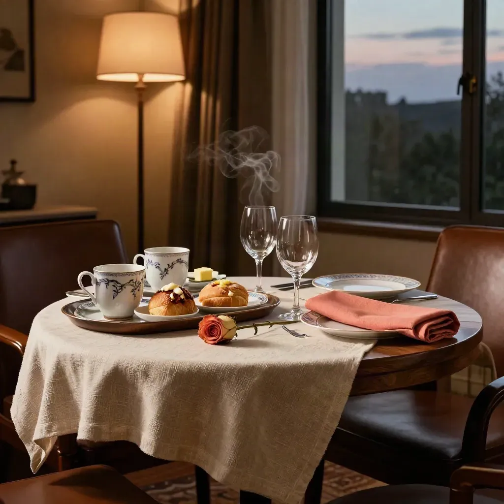 Tavolino da suite romantica con vassoio colazione, calici vuoti, rosa secca e luce al crepuscolo.