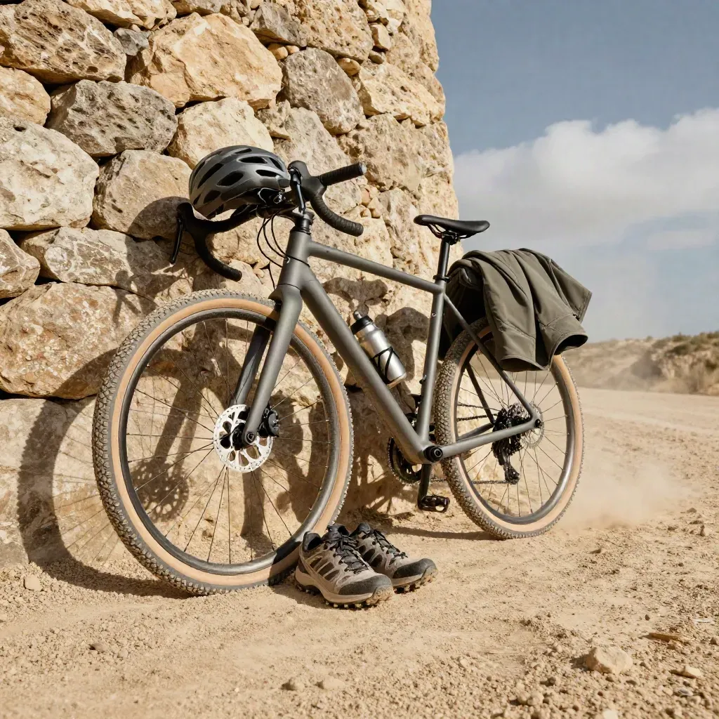 Bici gravel e accessori pronti sul bordo di un sentiero polveroso accanto a un muro di pietra.