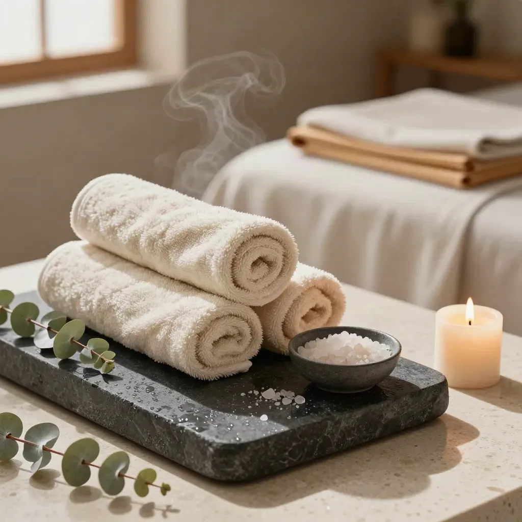 Angolo spa con pietre basaltiche, asciugamani arrotolati, sale ed eucalipto nel vapore