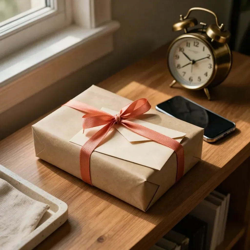 Confezione regalo con nastro corallo, smartphone spento e orologio su console in luce calda.