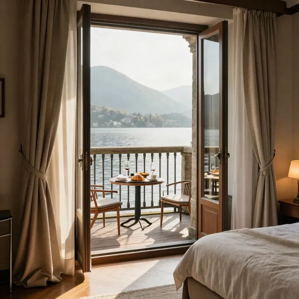 Suite sul lago di Como con balcone apparecchiato, due calici, vassoio colazione e plaid bianco.