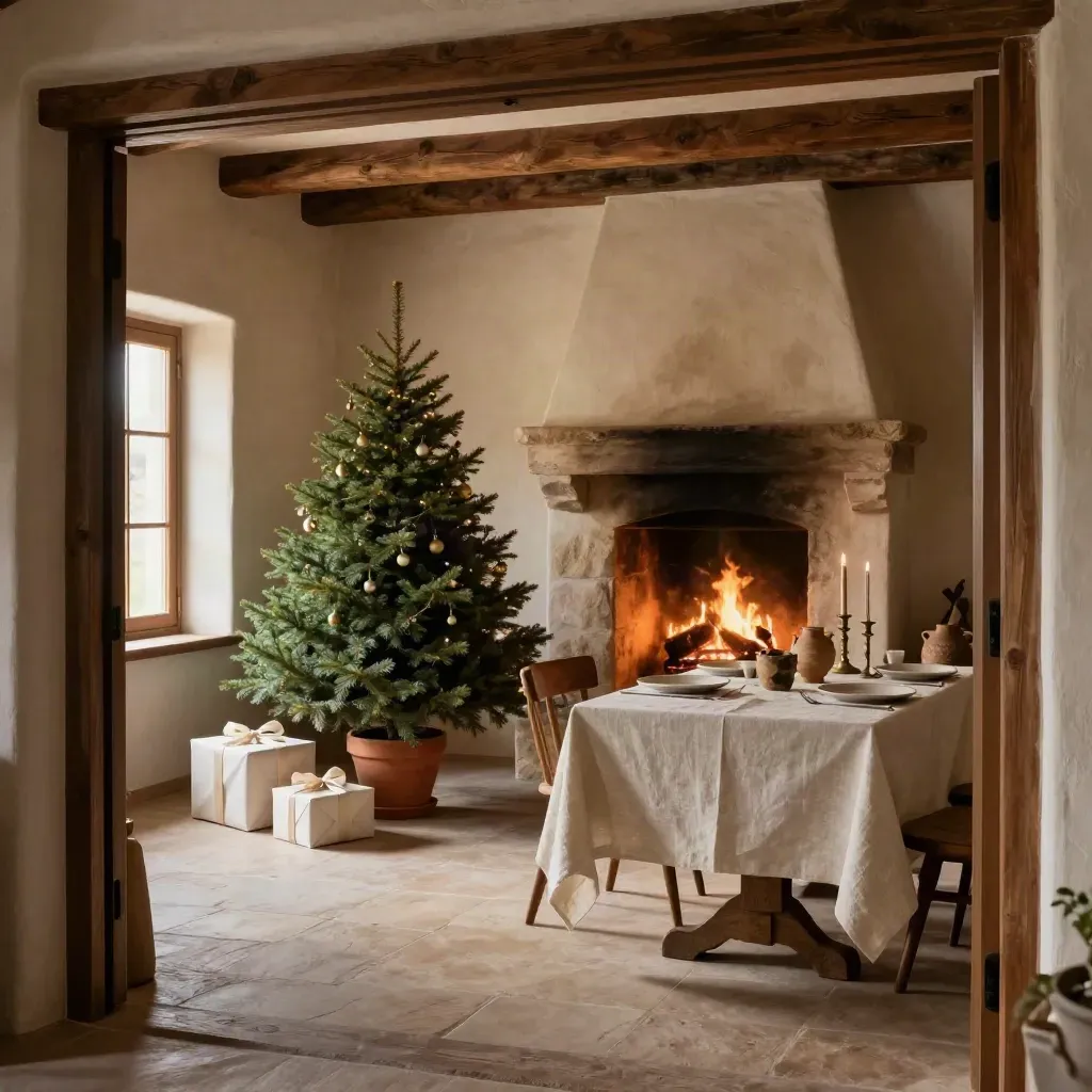 Interno di cottage toscano con albero minimale, regali avorio e camino acceso.