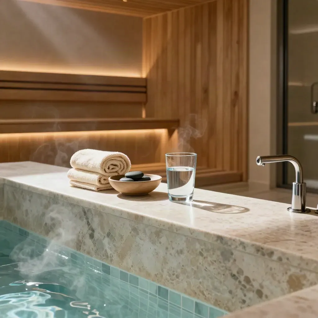 Suite spa a Verona con sauna in legno, asciugamani arrotolati, acqua e vapore sul banco marmo.