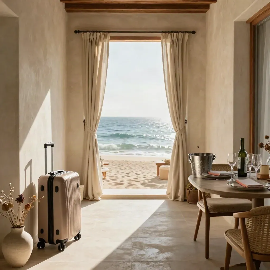 Corridoio di resort sul mare con valigie, tavolo cena apparecchiato e vista mare.