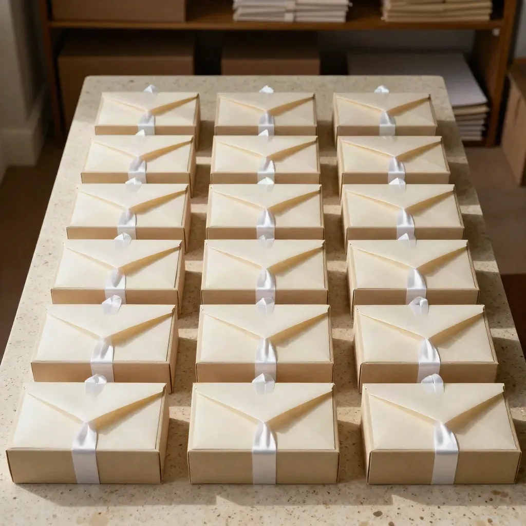 Dodici cofanetti regalo bianchi in griglia su pietra, nastri e buste abbinate, luce laterale.