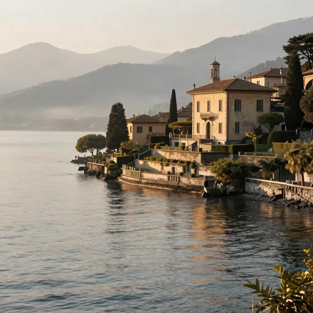 Vista aerea del Lago di Como con villa terrazzata e campanile nella foschia dorata.