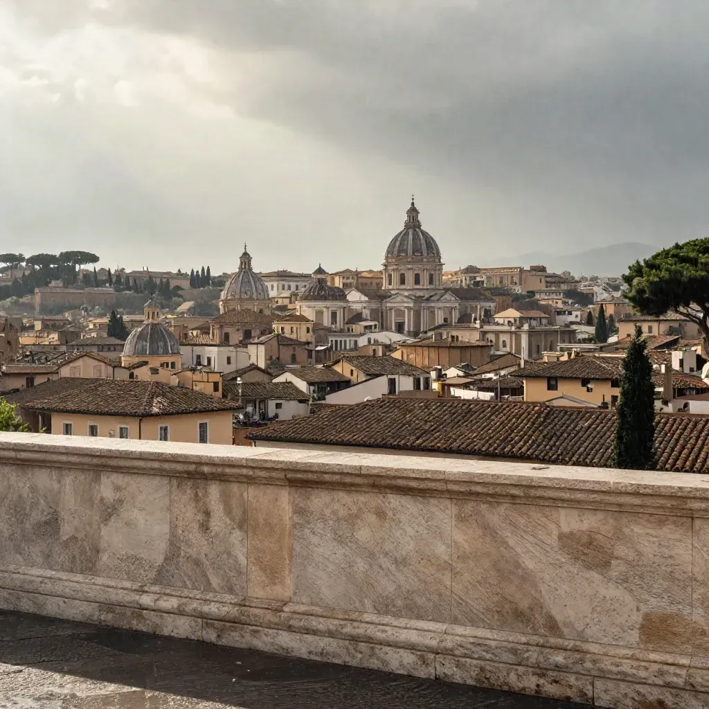 Skyline di Roma in travertino con cupole lontane e cipressi su un colle umido.