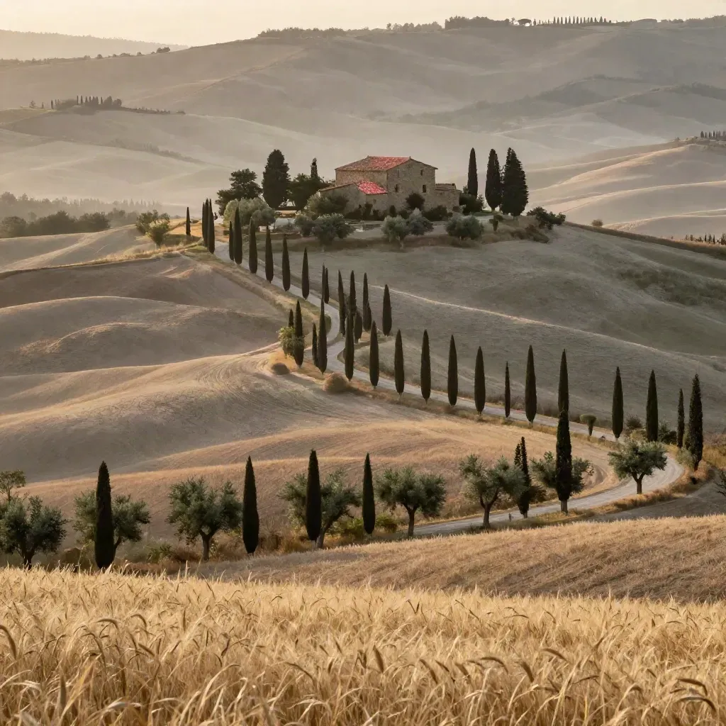 Colline toscane della Val d’Orcia con cipressi, casale solitario e nebbia morbida.