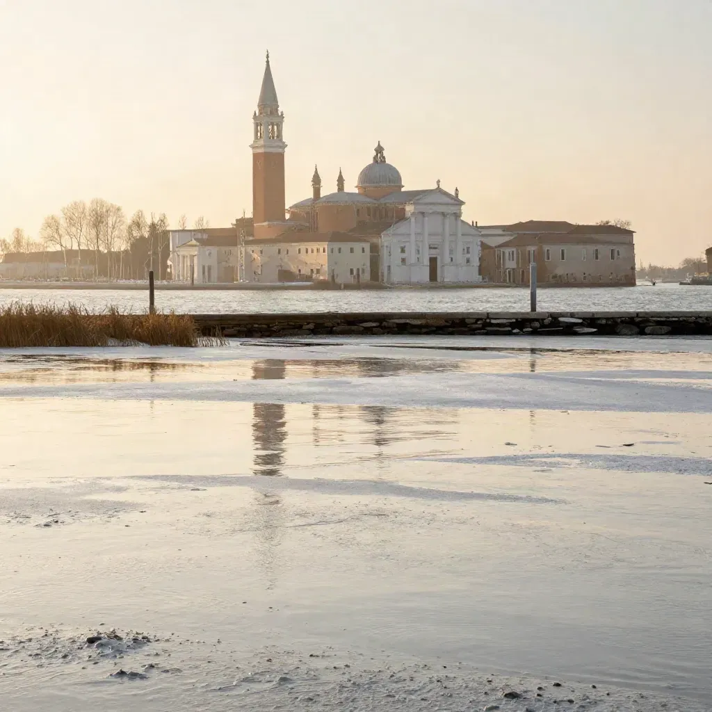 Laguna veneta al tramonto con San Giorgio Maggiore, canneti bassi e marea bassa