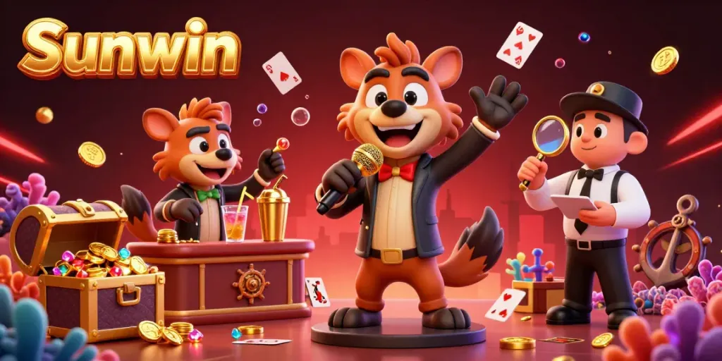 Experience the lively vibe of Sunwin as three animated hyenas enhance the casino scene with humor, drinks, and security.