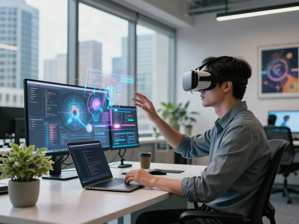 Creative workspace with AI gf technology visualization, futuristic digital environment, person using VR headset