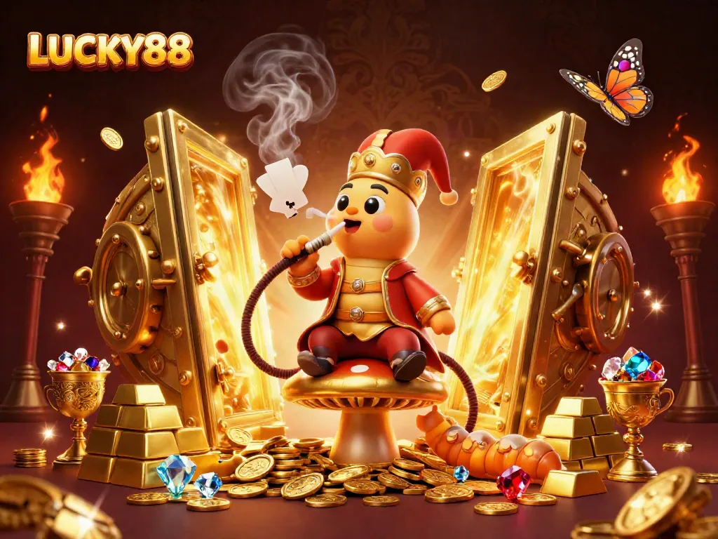Enjoy thrilling gameplay at LUCKY88 with vibrant characters, treasures, and casino elements.