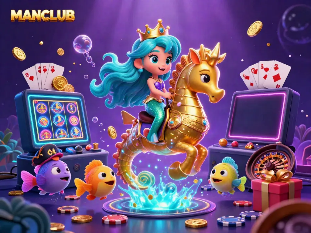 Engage in thrilling slots with MANCLUB's vibrant 3D underwater casino illustration.