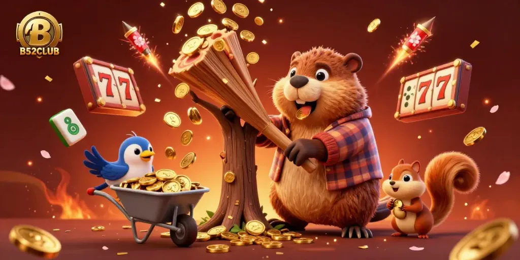 B52CLUB promotes a vibrant gaming atmosphere featuring golden coins, slot reels, and lively cartoon characters.