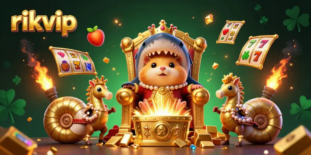 Experience vibrant gaming excitement with rikvip's fierce hamster king on a megalodon throne, surrounded by treasures.