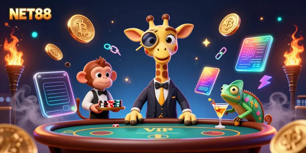 Engage with NET88 at a vibrant casino scene featuring a high-roller giraffe, monkey valet, and chameleon bartender amidst crypto elements.