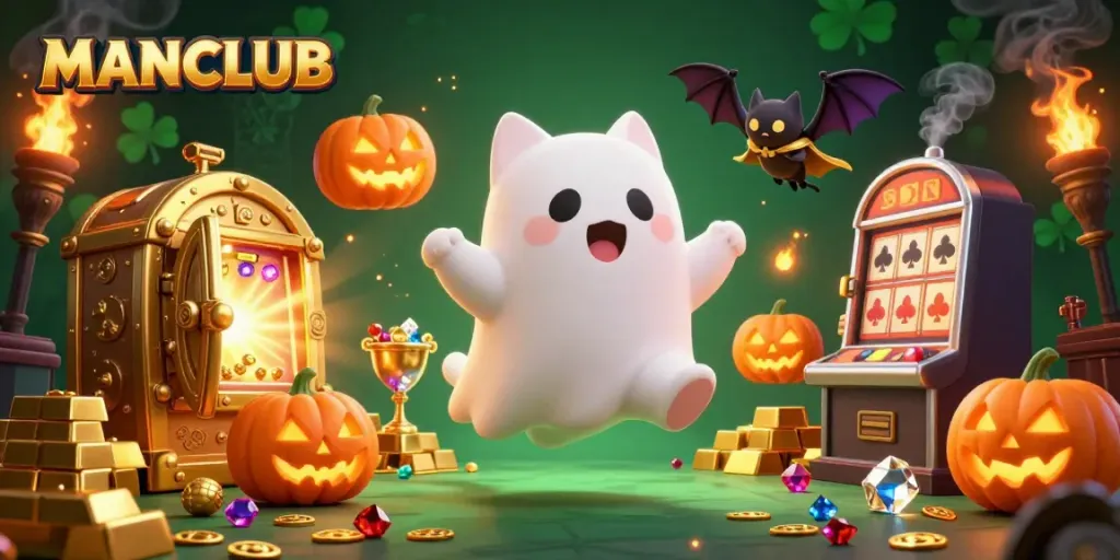 Engage in thrilling casino adventures with MANCLUB amidst glowing ghostly characters, stacks of treasures, and dynamic gambling elements.