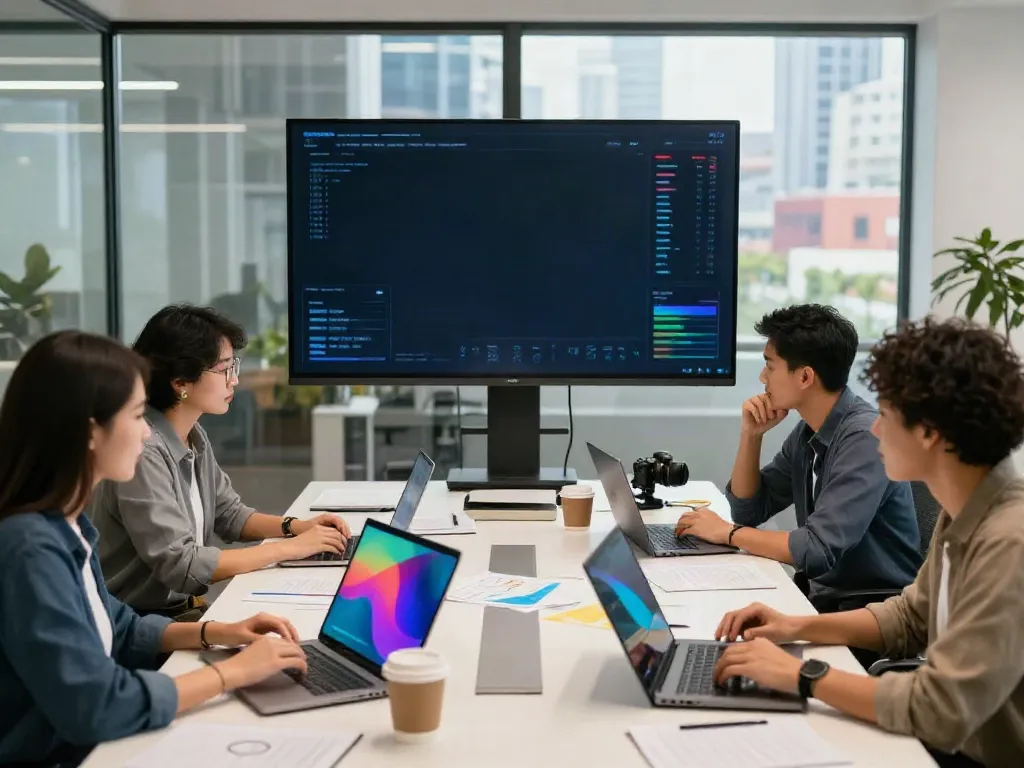 Team collaboration at https://rokok88amp.org in a modern office, showcasing digital marketing strategies.