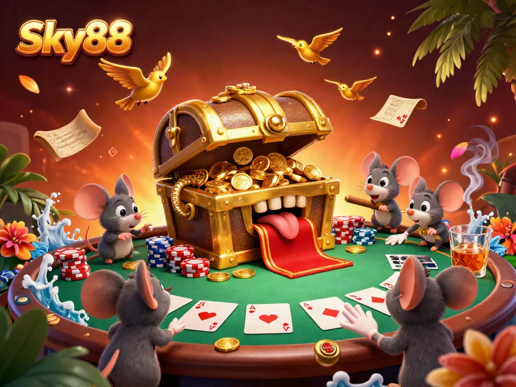 Engage with Sky88's vibrant gaming world featuring adventurer mice lured by treasures and interactive casino elements.