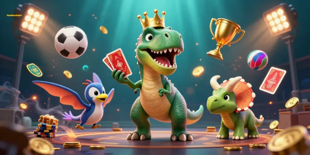 Engaging illustration of keonhacaionline with a cartoon T-Rex shuffling cards and a baby triceratops stacking chips.