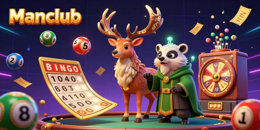 Experience the thrilling Manclub gaming scene with colorful lottery elements and a mystical atmosphere.