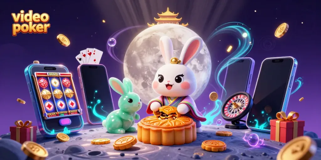 Engage in thrilling video poker action with a magical moon-themed scene featuring poker chips and casino elements.