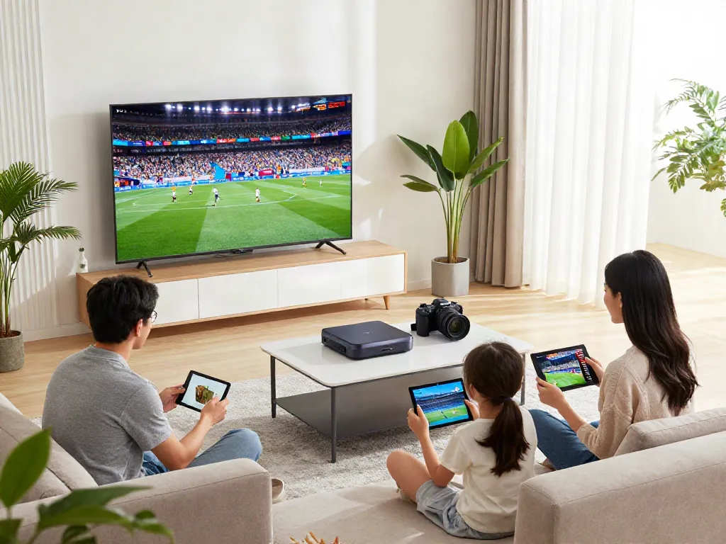 Family enjoying abbonamento IPTV in a cozy living room setting.