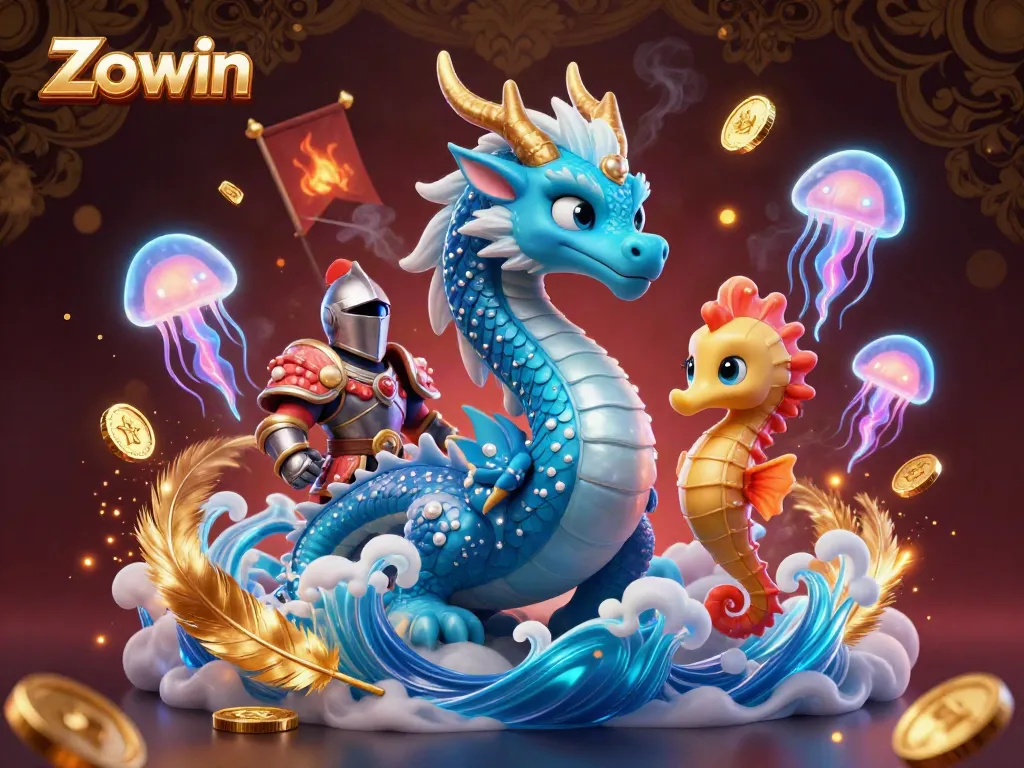 Zowin showcases captivating online gaming with an azure water dragon and glowing jellyfish in a vibrant casino scene